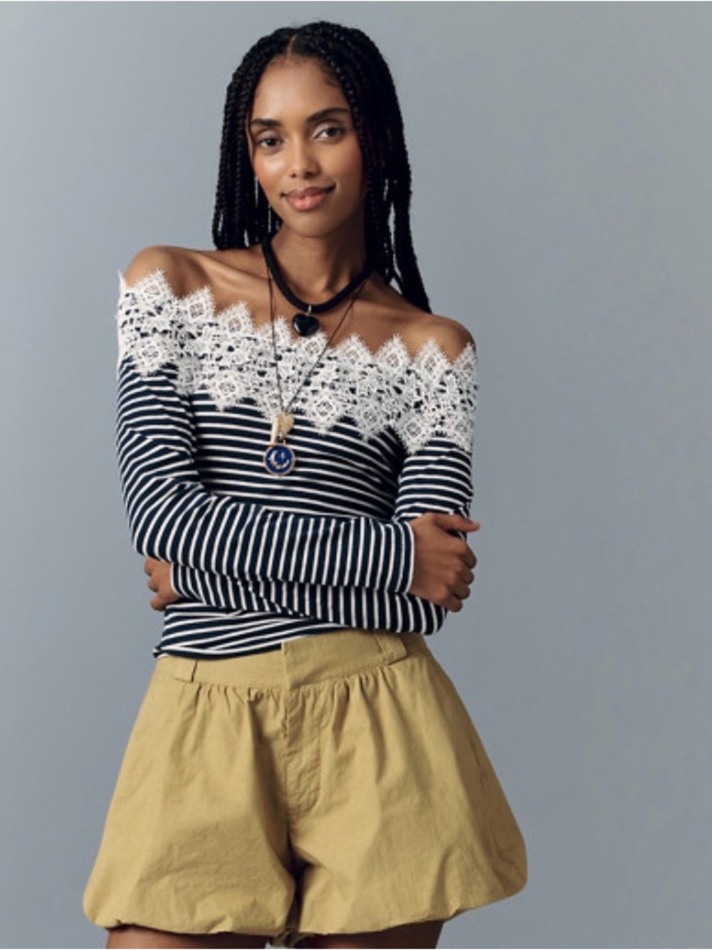 Maeve Off-the-Shoulder Navy and White Striped Lace Trim Top Sz L NWOT